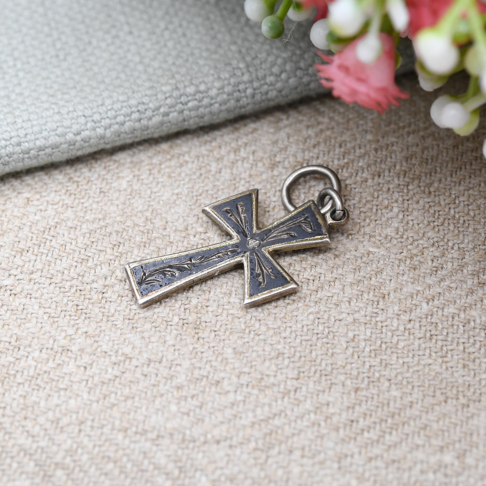 Vintage Engraved Silver Cross Pendant with Black Niello - Sweet Christening Jewellery Gift Present for Christian True Vintage Hand Engraving