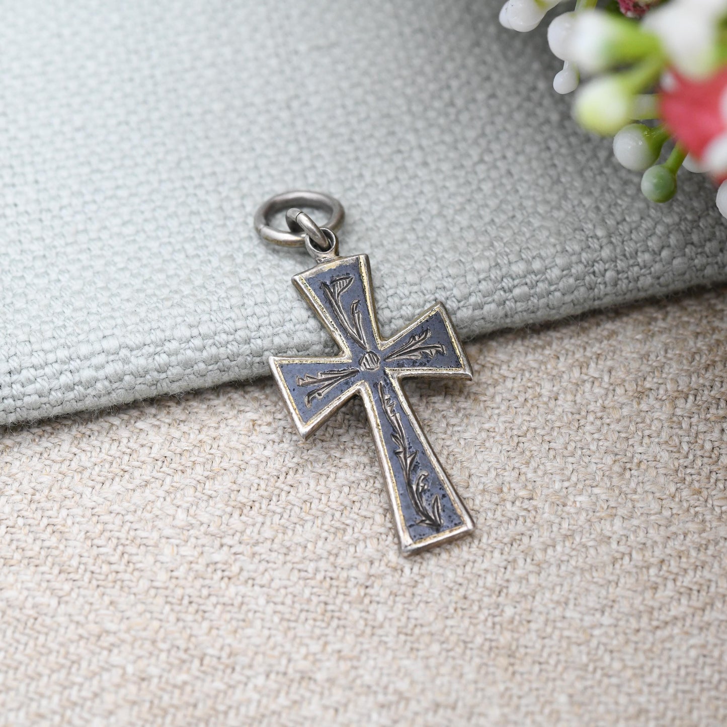 Vintage Engraved Silver Cross Pendant with Black Niello - Sweet Christening Jewellery Gift Present for Christian True Vintage Hand Engraving