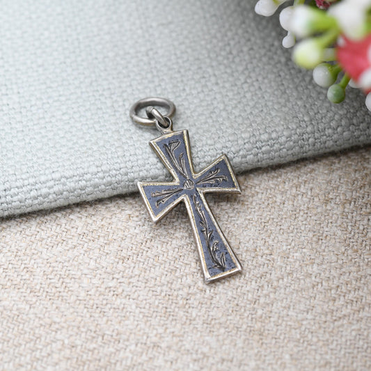 Vintage Engraved Silver Cross Pendant with Black Niello - Sweet Christening Jewellery Gift Present for Christian True Vintage Hand Engraving