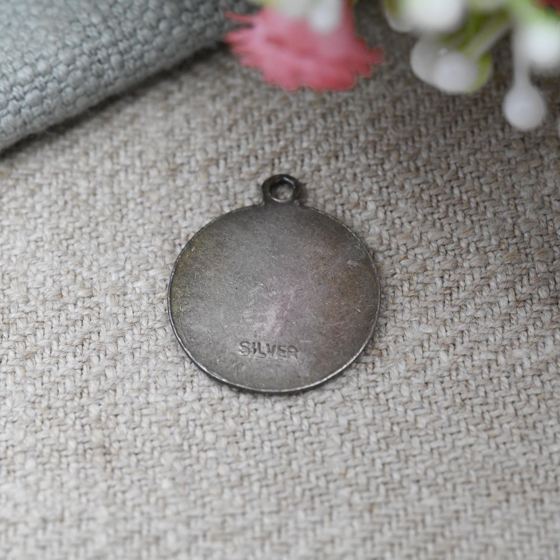 Vintage Sterling Silver St. Christopher Charm Pendant - Small Circle Mid-Century Patron Saint of Travellers | Protect Us | Man Carrying Baby