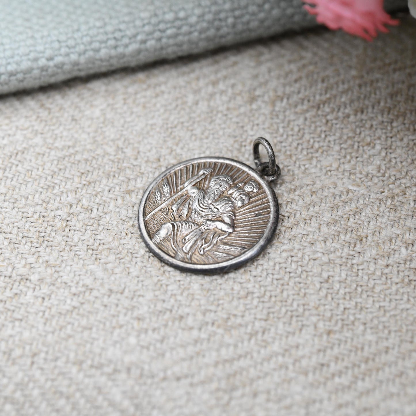 Vintage Sterling Silver St. Christopher Charm Pendant - Small Circle Mid-Century Patron Saint of Travellers | Protect Us | Sunrise Behind