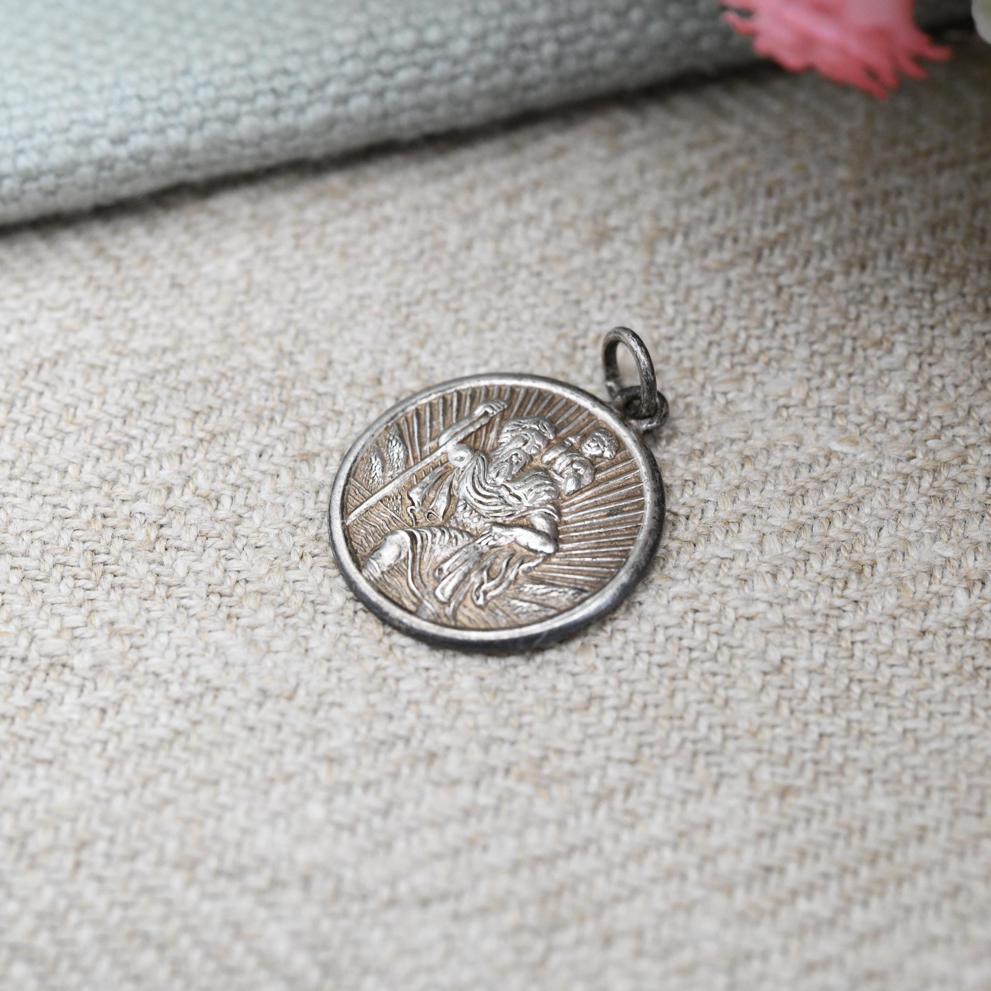 Vintage Sterling Silver St. Christopher Charm Pendant - Small Circle Mid-Century Patron Saint of Travellers | Protect Us | Sunrise Behind