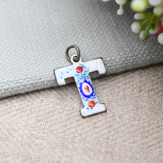 Vintage Enamel Letter T Pendant - Personalised Charm | Colourful Bright Enamel Red Love Heart | Blue and White European Portuguese Style