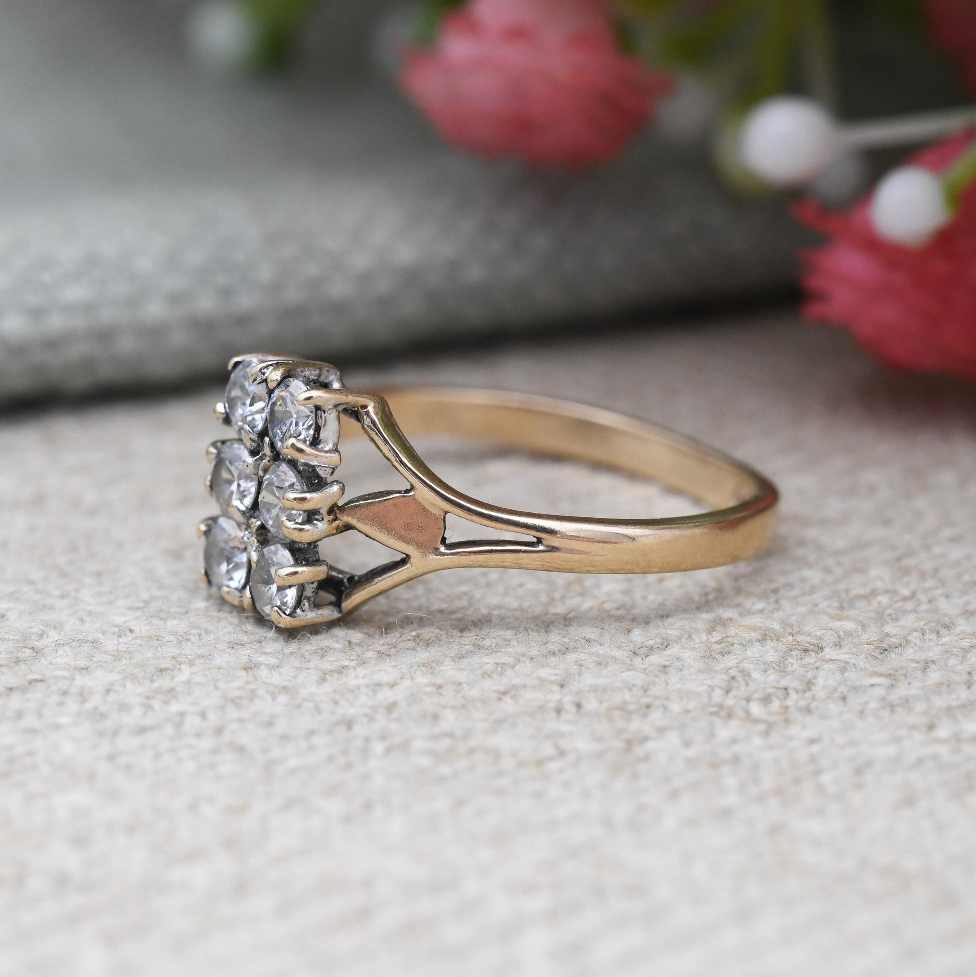 Vintage 9ct Gold CZ Plaque Ring 1982 - Rectangle Shape Setting Pave Ring Solid Gold Jewellery Gift for Her | UK Size - L | US Size - 5 3/4