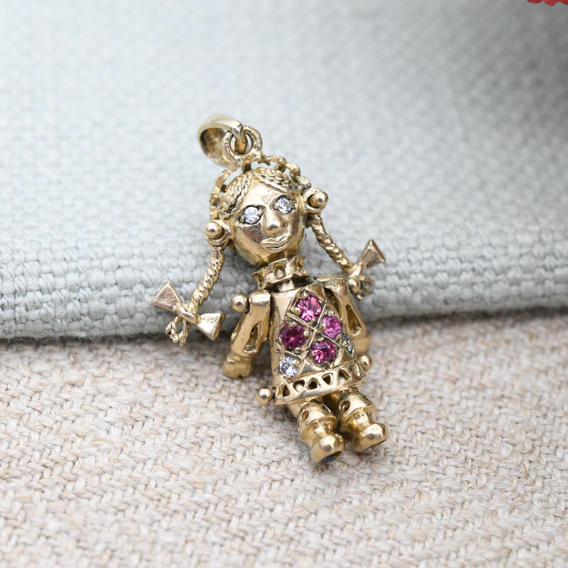 Vintage 9ct Gold Articulated Rag Doll Charm Pendant with Pink and Clear Stones - Mechanical Girl Charm Moving Limbs Colourful Crystal Dress