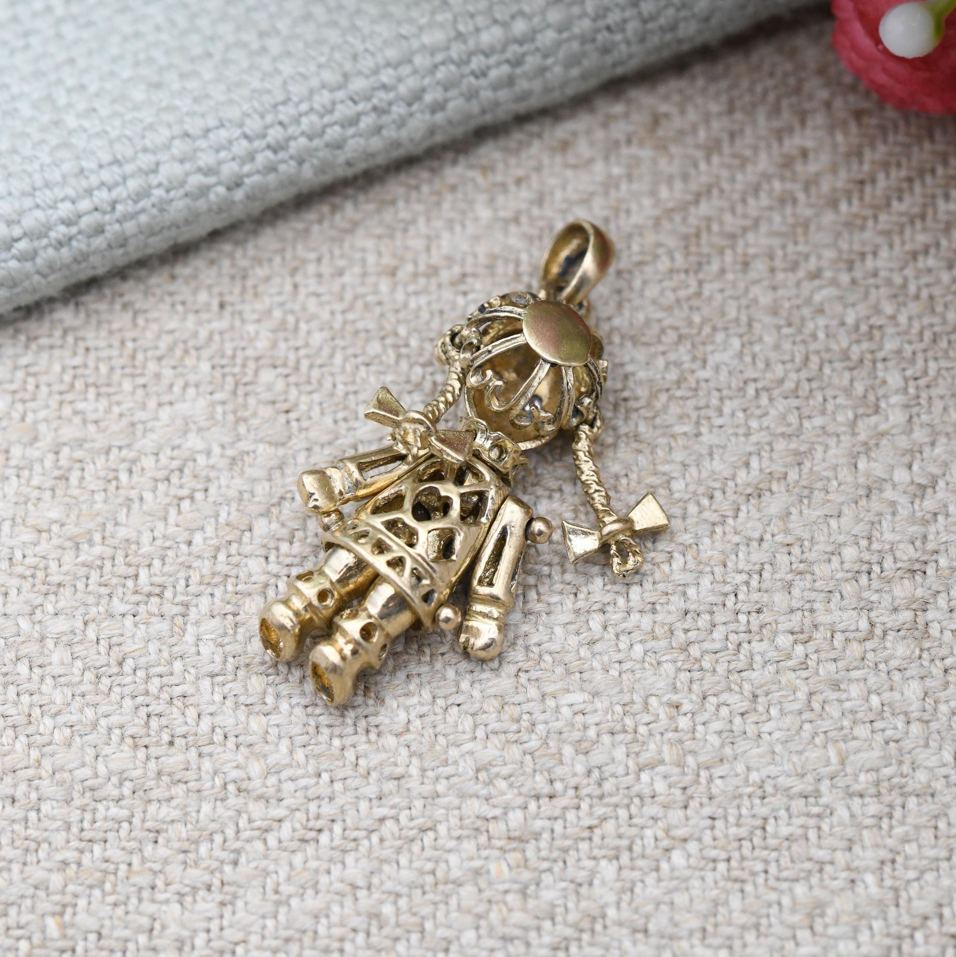 Vintage 9ct Gold Articulated Rag Doll Charm Pendant with Pink and Clear Stones - Mechanical Girl Charm Moving Limbs Colourful Crystal Dress