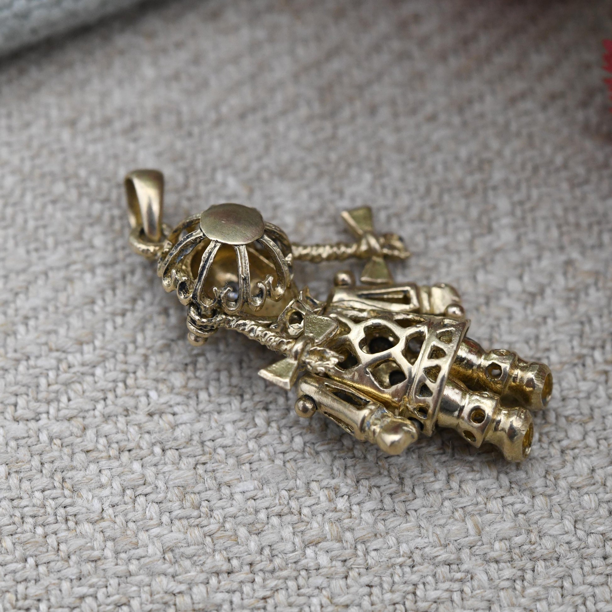 Vintage 9ct Gold Articulated Rag Doll Charm Pendant with Pink and Clear Stones - Mechanical Girl Charm Moving Limbs Colourful Crystal Dress