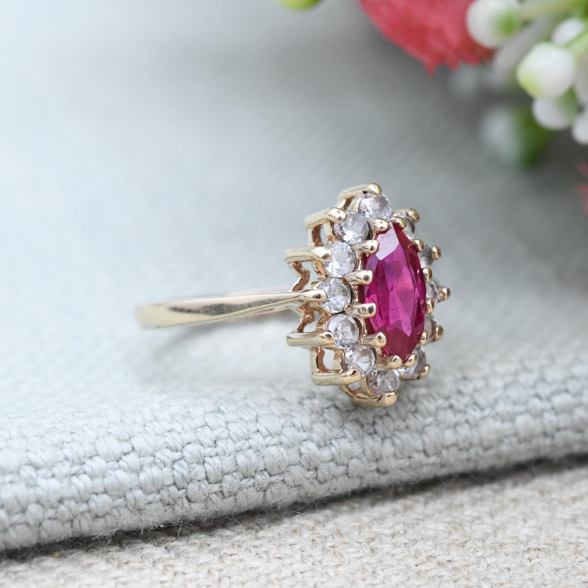 Vintage 9ct Gold Ruby Halo Ring 1971 Marquise Cut - Pointed Oval Shape | Clear Stones | Gold Jewellery | UK Size - K 1/2 | US Size - 5 1/2