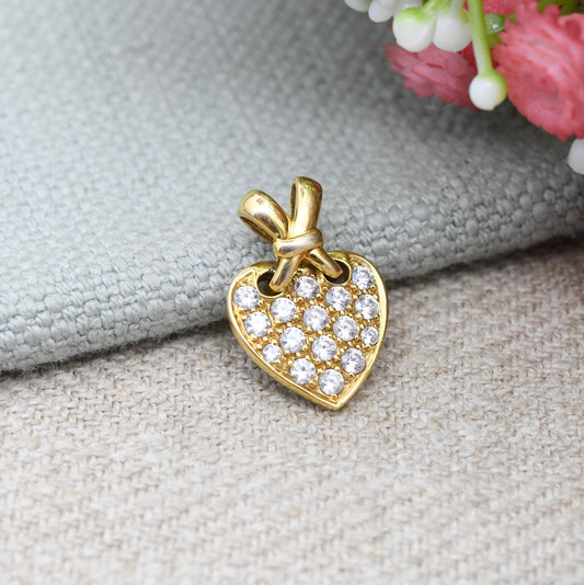 Vintage 9ct Gold Heart Pendant with Clear Stones CZ - Knotted Bale Love Heart Charm Gift for Her Necklace Stack | Yellow Gold Symbol