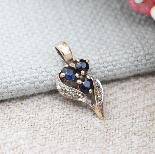 Vintage 9ct Gold Sapphire and Diamond Pendant Floral Leaf Design 1985 - Mid-Century Miniature Gemstone Charm | Berries Flower Plant Theme