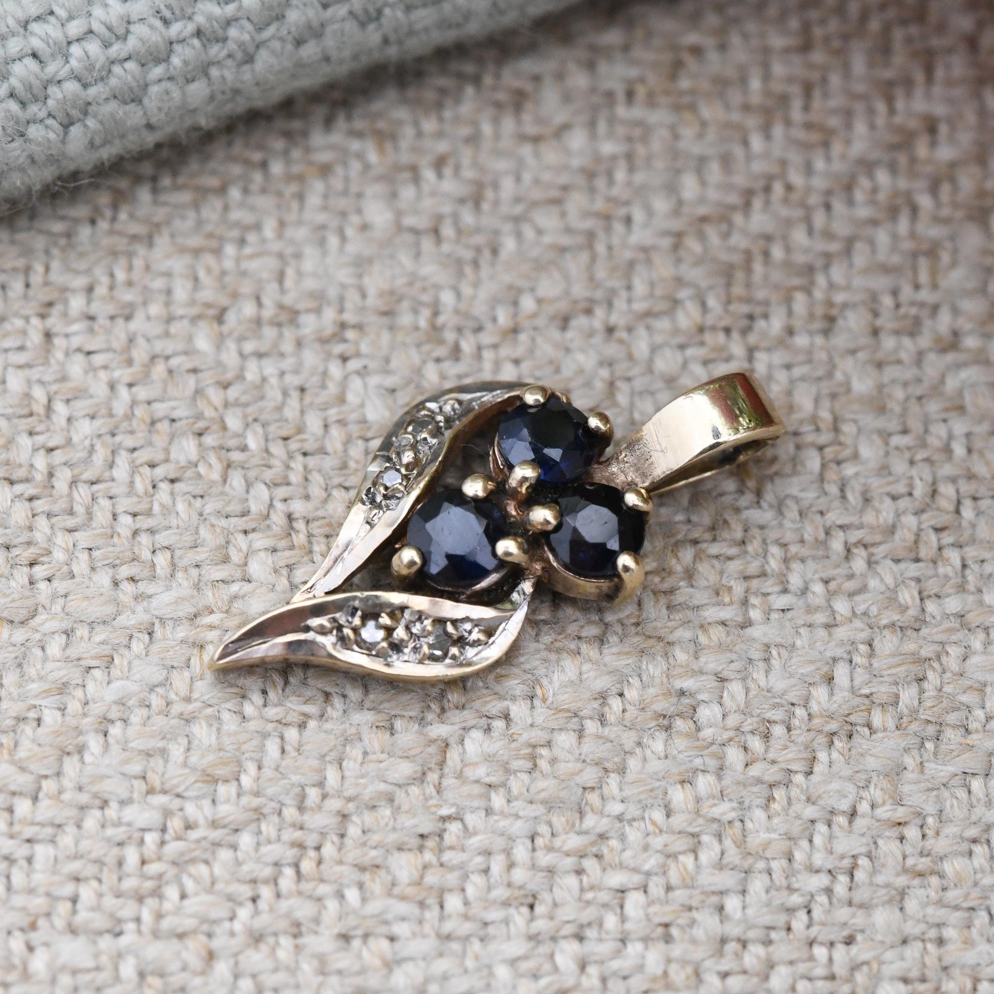 Vintage 9ct Gold Sapphire and Diamond Pendant Floral Leaf Design 1985 - Mid-Century Miniature Gemstone Charm | Berries Flower Plant Theme