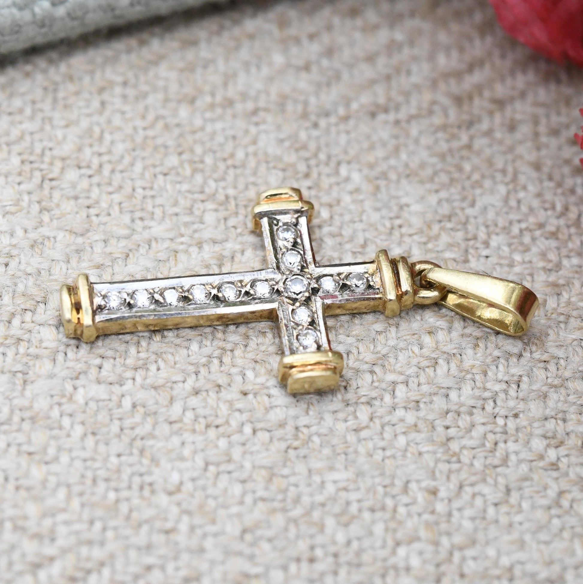 Vintage 9ct Gold Cross Pendant Two Tone with CZ Stones - White Gold and Yellow Gold Jewellery Christian Religious Necklace Gift Christening