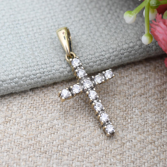 Vintage 9ct Gold CZ Cross Pendant - Pave Set Clear Stones Yellow Gold Jewellery Christian Religious Necklace Charm Gift Christening Baptism