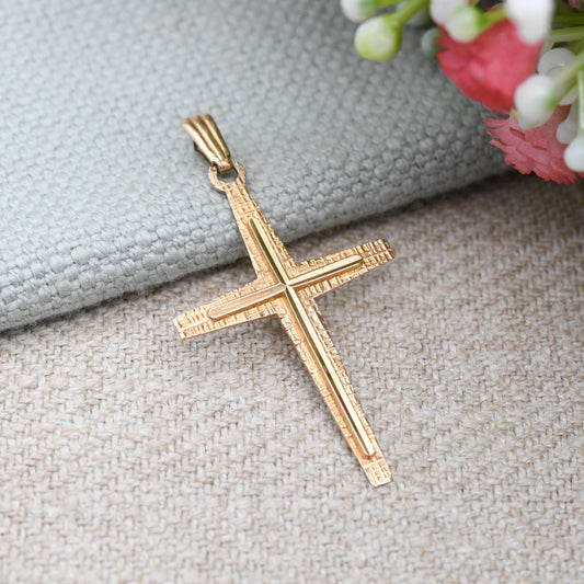 Vintage 9ct Gold Cross Pendant 1973 - Mid-Century Textured Yellow Gold Jewellery Christian Religious Necklace Gift Christening Baptism