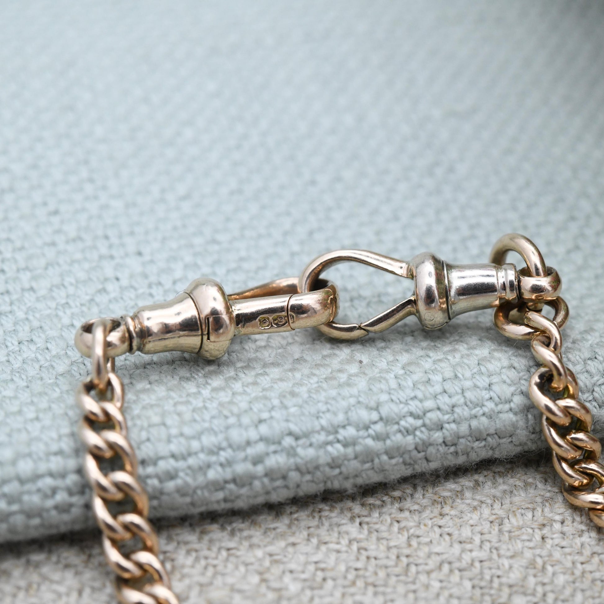 Antique 9ct Gold Watch Chain Necklace 1904 Double Albert with T-Bar and Dog Clips - Chester Edwardian Rose Gold Chunky Solid Chain 15" 38cm