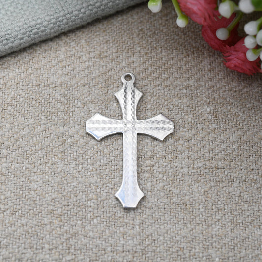 Vintage Sterling Silver Cross Pendant with Machine Engraved Lines - Sweet Christening Jewellery Gift Present Christian Charm for Necklace