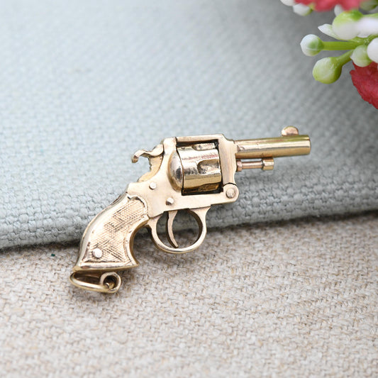 Vintage 9ct Gold Articulated Revolver Charm Pendant with Hinge Top Break Action Moving Trigger Hammer 1979 - Collectable Mechanical Novelty