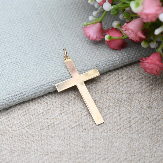 Vintage 9ct Gold Plain Cross Pendant c. 1950s - Mid-Century Minimal Yellow Gold Jewellery Christian Religious Necklace Christening Baptism