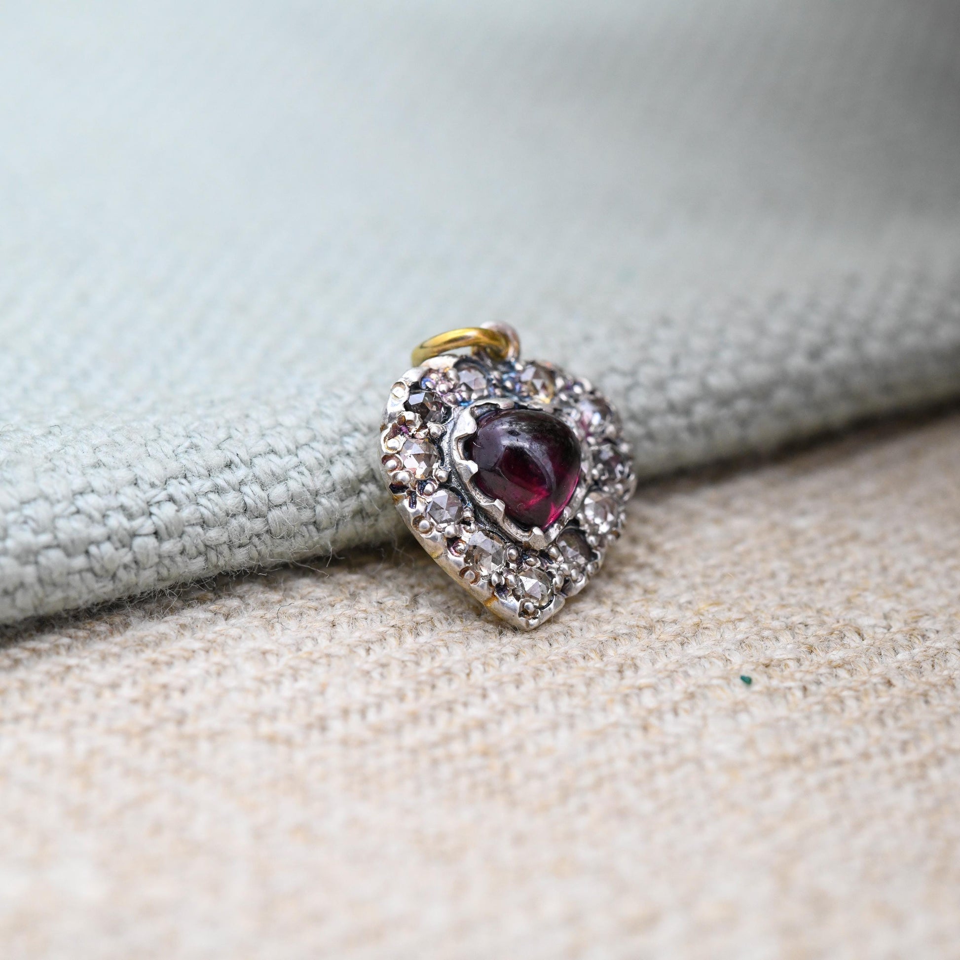 Antique Victorian Diamond and Garnet Heart Pendant Silver and Gold - Rose Cut Diamonds Cabochon Garnet Love Heart Charm Necklace Stack Gift