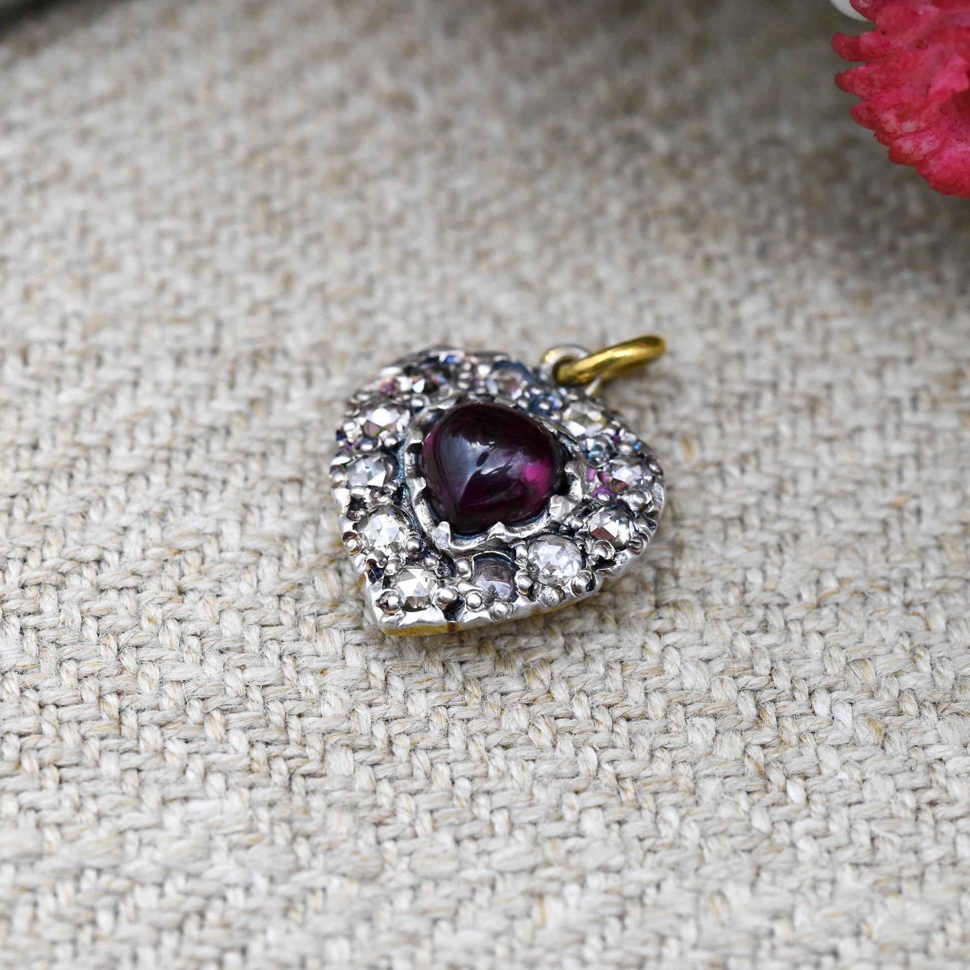 Antique Victorian Diamond and Garnet Heart Pendant Silver and Gold - Rose Cut Diamonds Cabochon Garnet Love Heart Charm Necklace Stack Gift