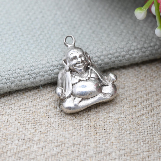 Vintage Sterling Silver Laughing Buddha Pendant Hotei - Repoussé Silver 3D | Good Luck Charm Symbol of Fortune | for Charm Necklace