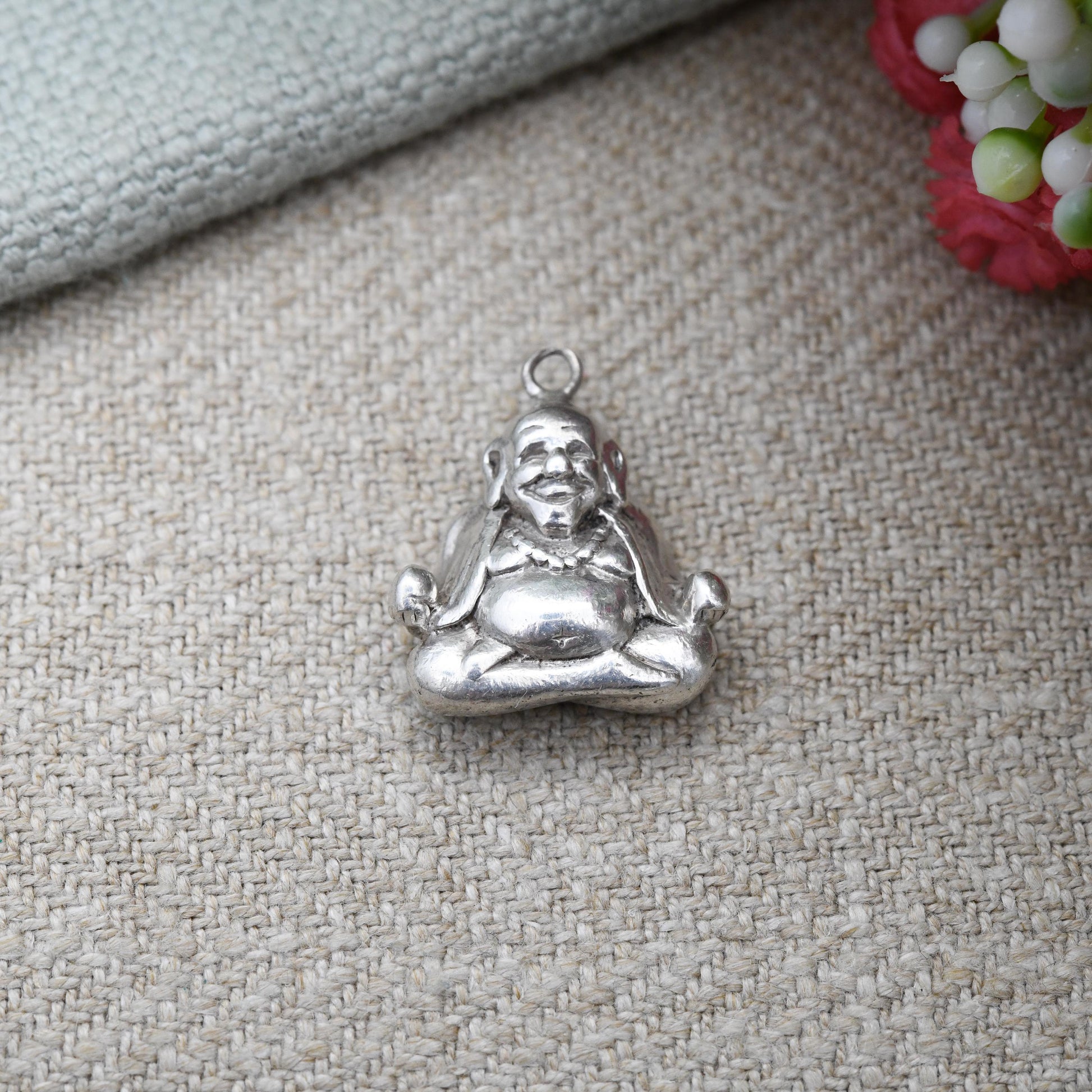 Vintage Sterling Silver Laughing Buddha Pendant Hotei - Repoussé Silver 3D | Good Luck Charm Symbol of Fortune | for Charm Necklace