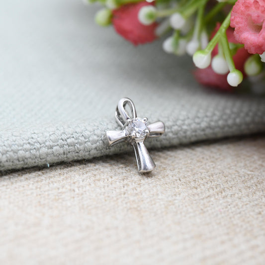 Vintage Sterling Silver Cross Pendant with Clear CZ Stone - Sweet Christening Baptism Jewellery Gift Present Christian Charm for Necklace