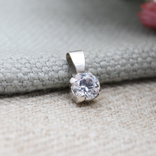 Vintage Sterling Silver CZ Solitaire Pendant 1983 MM - Small Sparkly Pendant Charm for Charm Necklace | Large Clear Stone