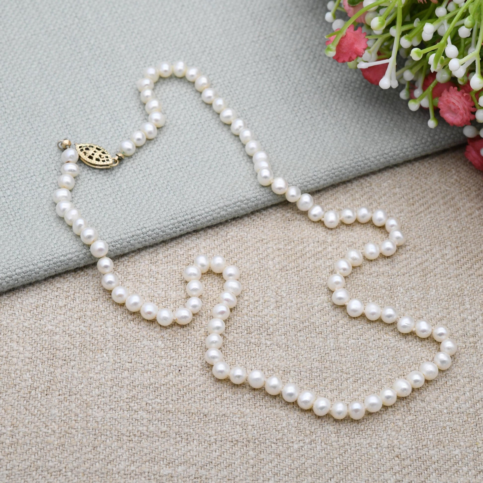 Vintage Pearl Necklace with Gold Filled Slide Clasp - Individually Knotted Minimal Real Pearl Strand | Cultured Pearls | Choker 16" 40.5cm