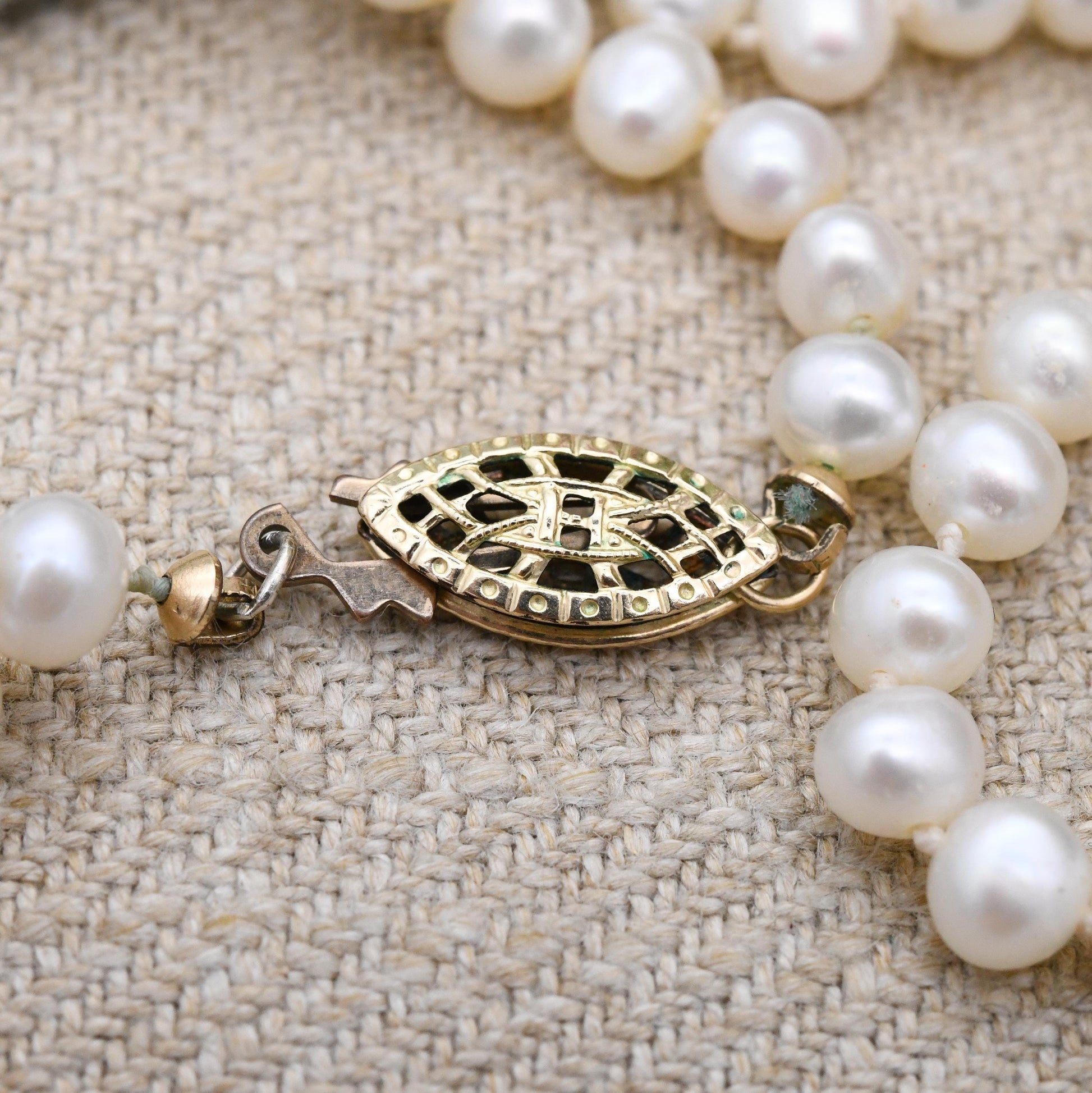Vintage Pearl Necklace with Gold Filled Slide Clasp - Individually Knotted Minimal Real Pearl Strand | Cultured Pearls | Choker 16" 40.5cm