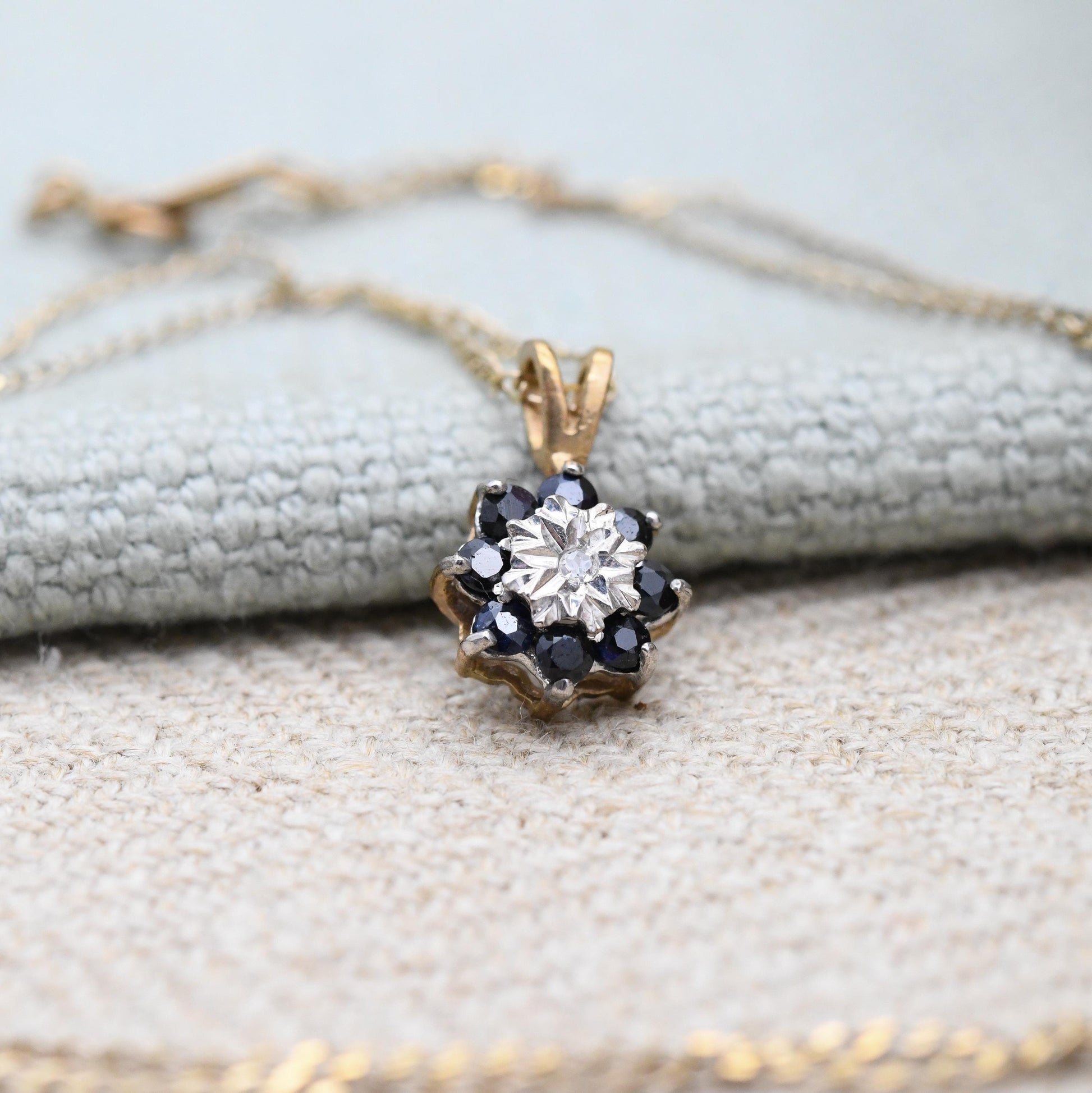 Vintage 9ct Gold Sapphire and Diamond Pendant Necklace Floral Halo 1989 - Mid-Century Miniature Gemstone Charm on a Trace Chain Blue & White