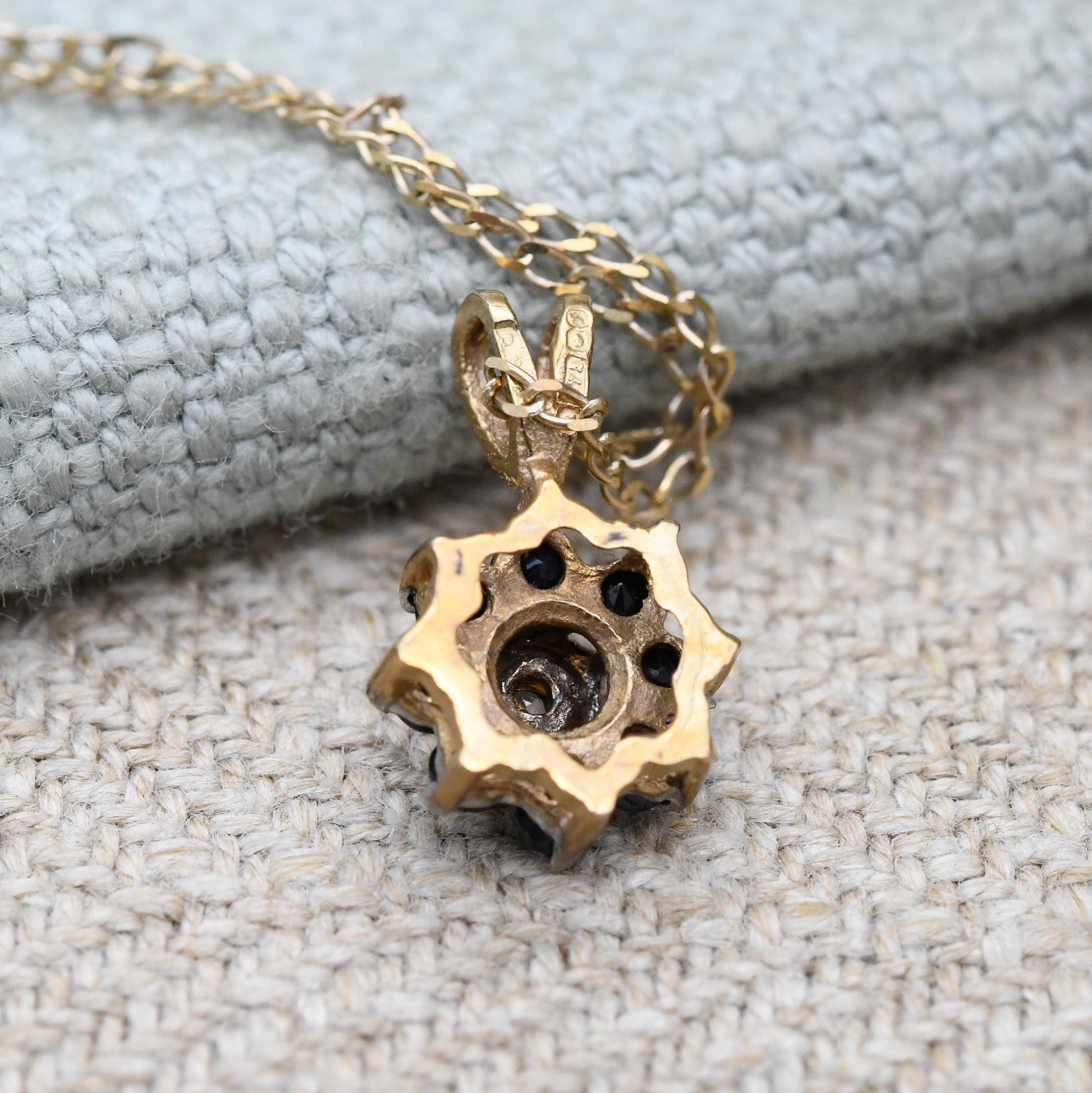 Vintage 9ct Gold Sapphire and Diamond Pendant Necklace Floral Halo 1989 - Mid-Century Miniature Gemstone Charm on a Trace Chain Blue & White
