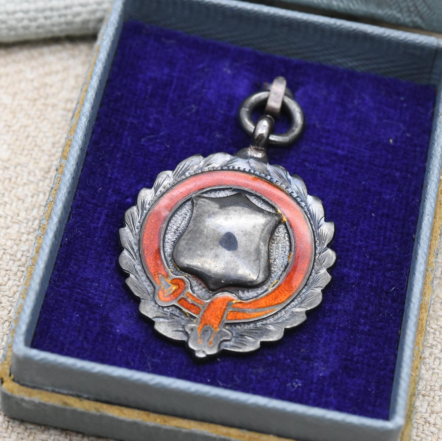 Vintage Boxed Sterling Silver Watch Fob Pendant 1929 by James Walter Tiptaft - Red Enamel Buckle Laurel Border | Blank Shield Plaque