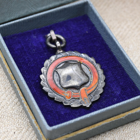 Vintage Boxed Sterling Silver Watch Fob Pendant 1929 by James Walter Tiptaft - Red Enamel Buckle Laurel Border | Blank Shield Plaque