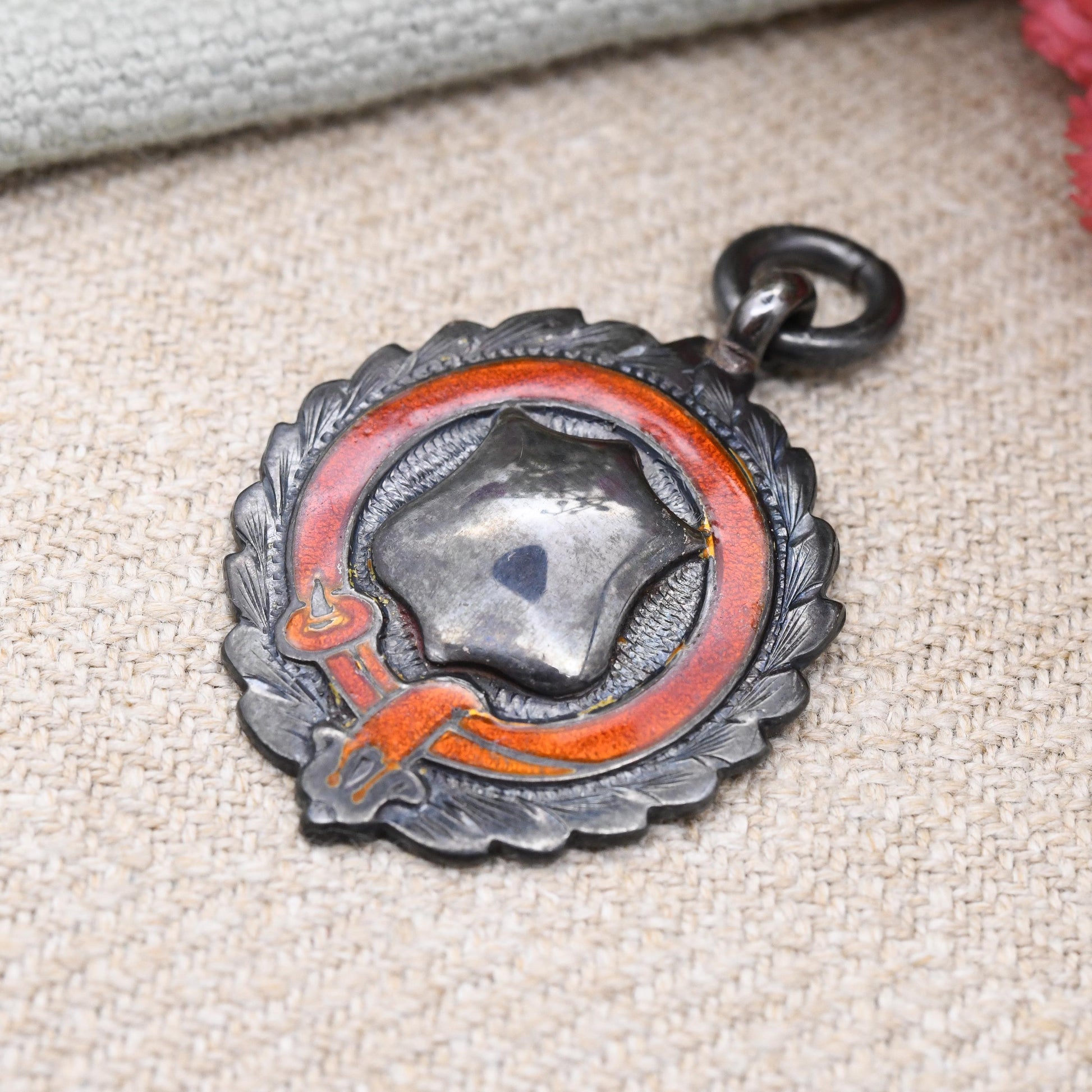 Vintage Boxed Sterling Silver Watch Fob Pendant 1929 by James Walter Tiptaft - Red Enamel Buckle Laurel Border | Blank Shield Plaque