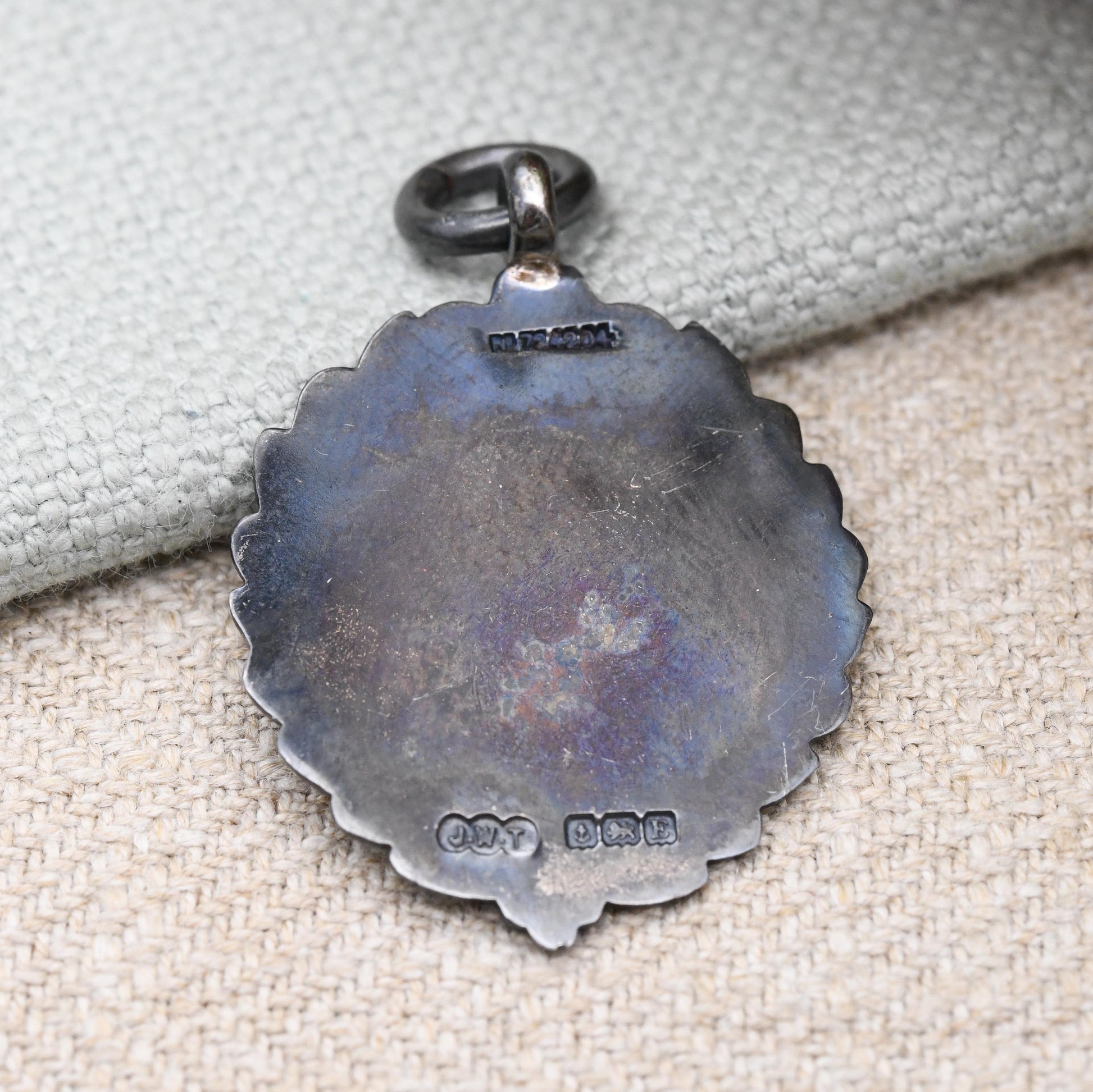 Vintage Boxed Sterling Silver Watch Fob Pendant 1929 by James Walter Tiptaft - Red Enamel Buckle Laurel Border | Blank Shield Plaque