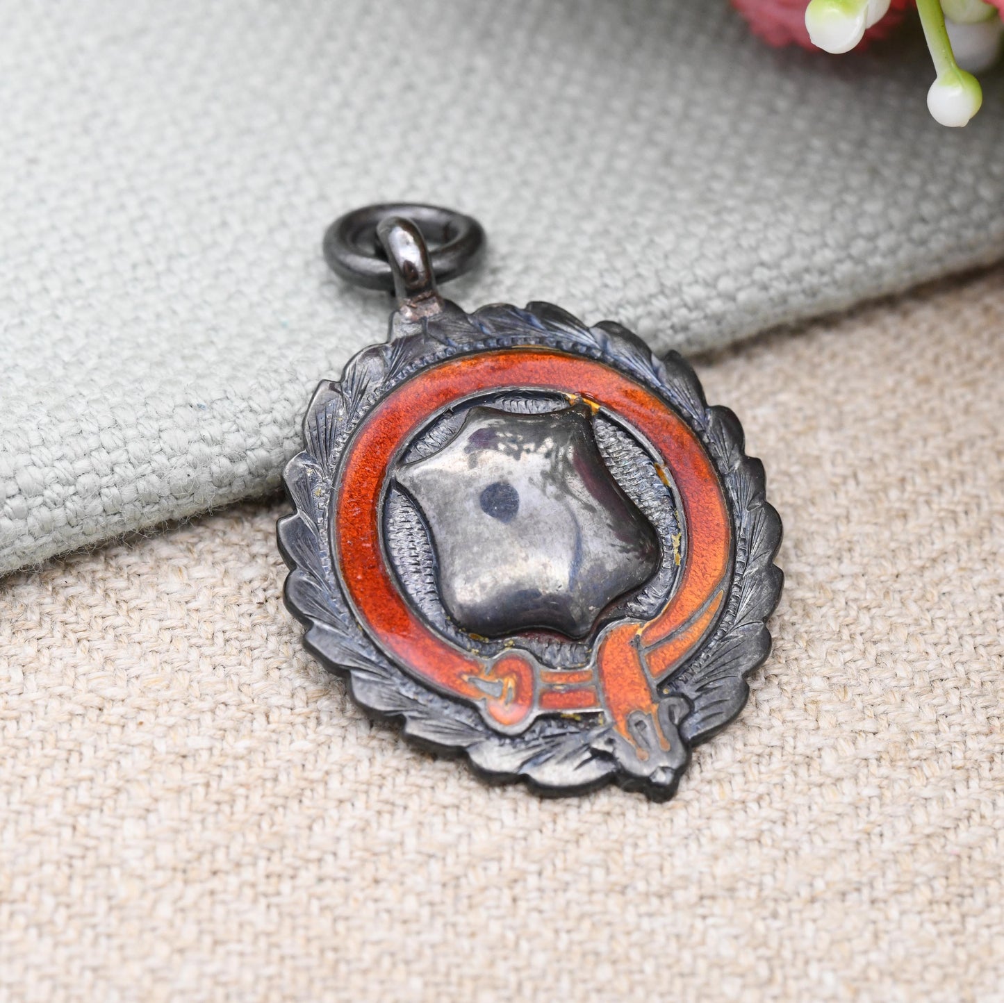 Vintage Boxed Sterling Silver Watch Fob Pendant 1929 by James Walter Tiptaft - Red Enamel Buckle Laurel Border | Blank Shield Plaque