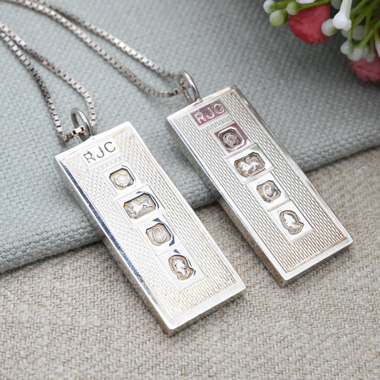 Vintage Sterling Silver Ingot Pendant Necklace 1977 Queen Elizabeth II Silver Jubilee Stamp Pair by RJC - Sheffield Hallmark | on Box Chain