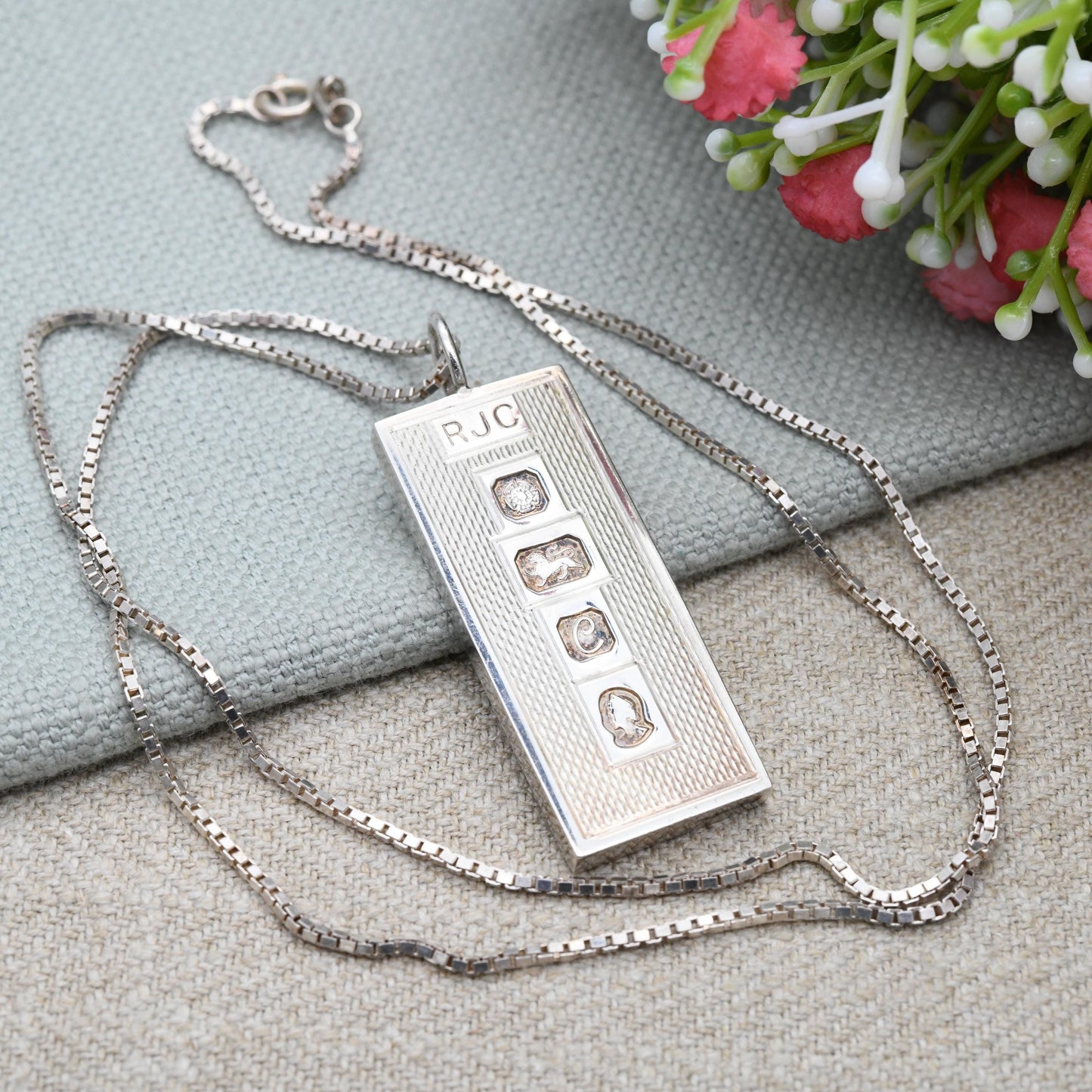 Vintage Sterling Silver Ingot Pendant Necklace 1977 Queen Elizabeth II Silver Jubilee Stamp Pair by RJC - Sheffield Hallmark | on Box Chain