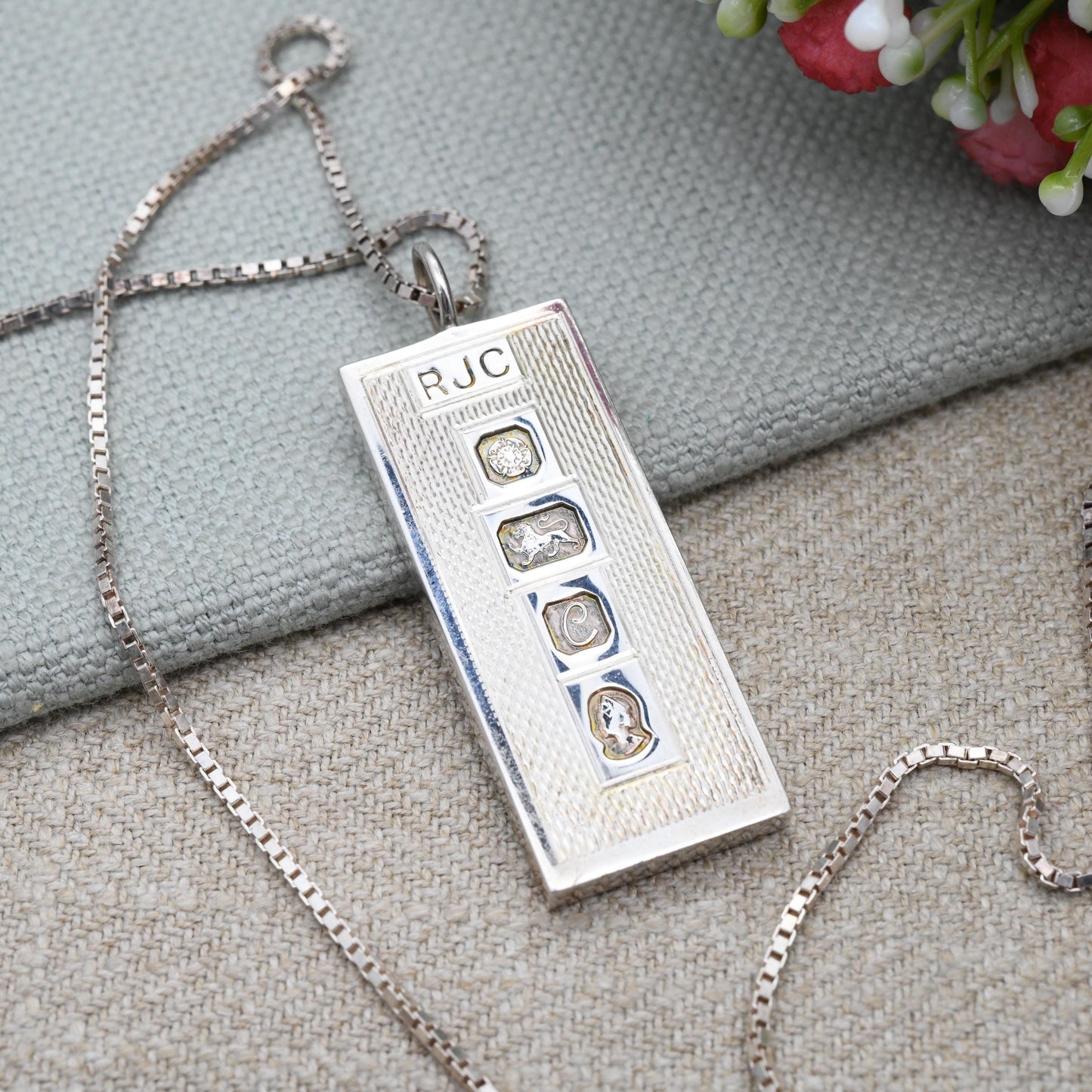 Vintage Sterling Silver Ingot Pendant Necklace 1977 Queen Elizabeth II Silver Jubilee Stamp Pair by RJC - Sheffield Hallmark | on Box Chain
