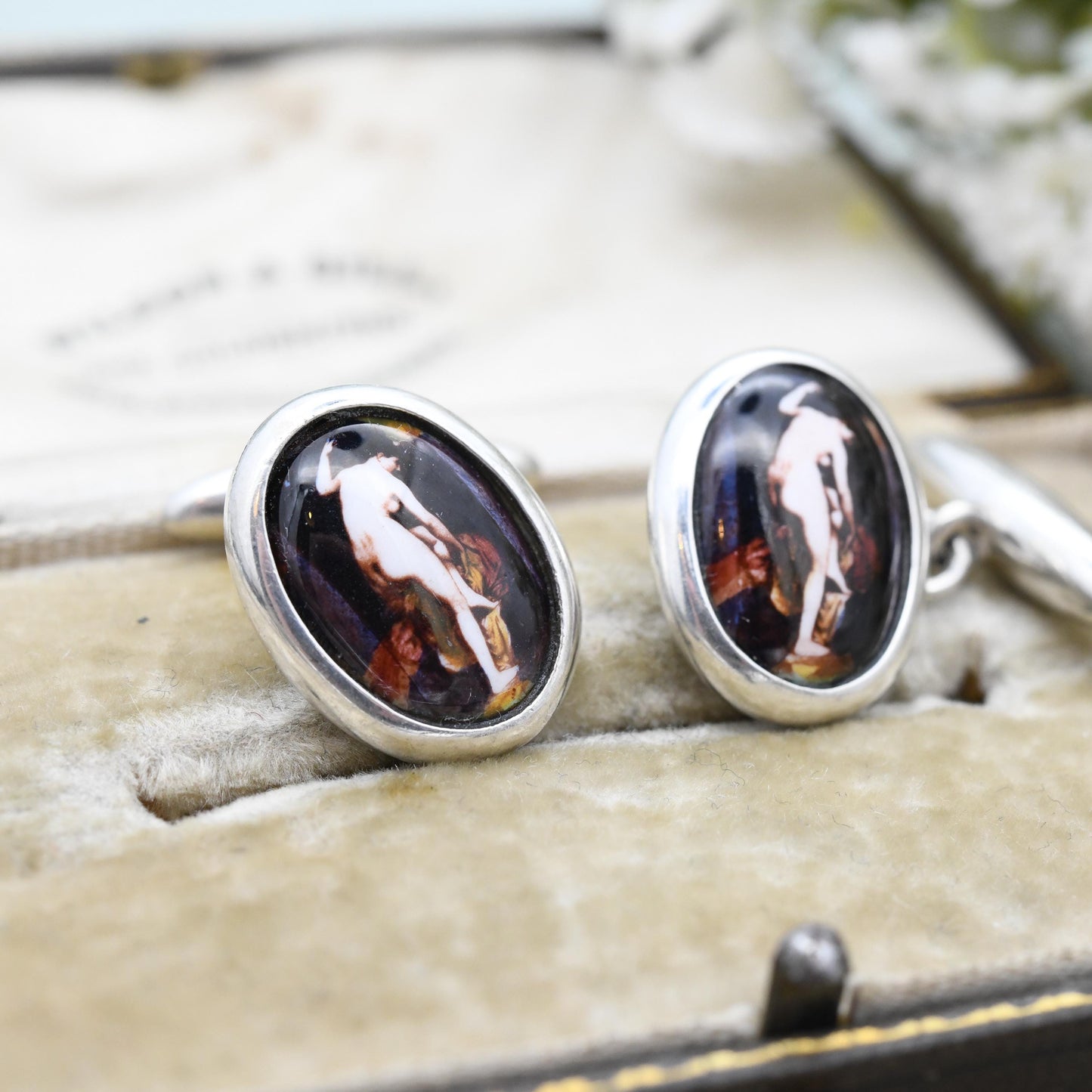 Vintage Sterling Silver Erotic Painting Cufflinks Enamel Nude Lady - Renaissance Style Miniature Painting | Dressing Scene | Cheeky Novelty
