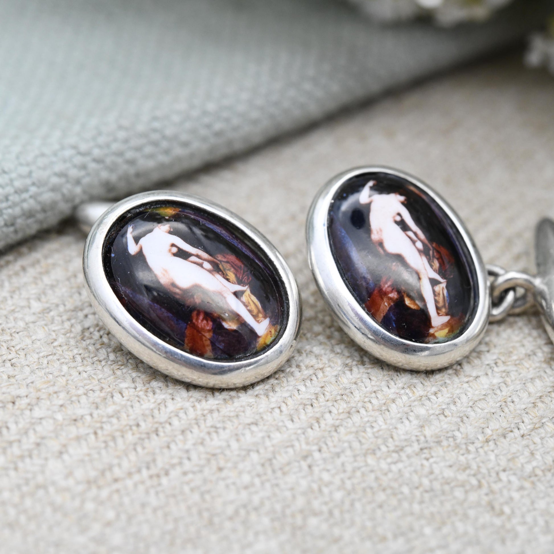 Vintage Sterling Silver Erotic Painting Cufflinks Enamel Nude Lady - Renaissance Style Miniature Painting | Dressing Scene | Cheeky Novelty