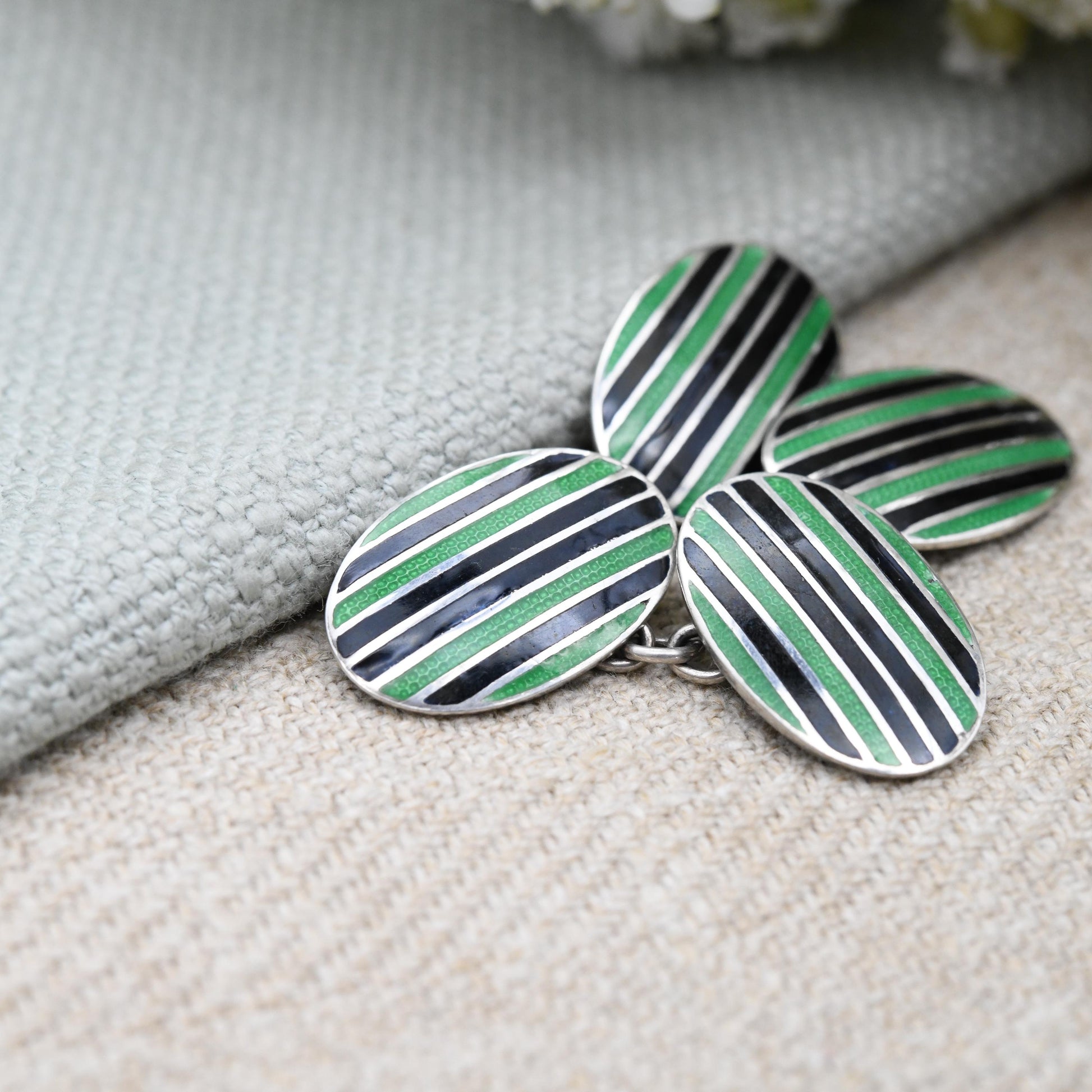 Vintage Sterling Silver Guilloche Enamel Cufflinks Black and Green - c. 1940 1950 Mid-Century Silver Jewellery Gift | Oval Panel Chain Link