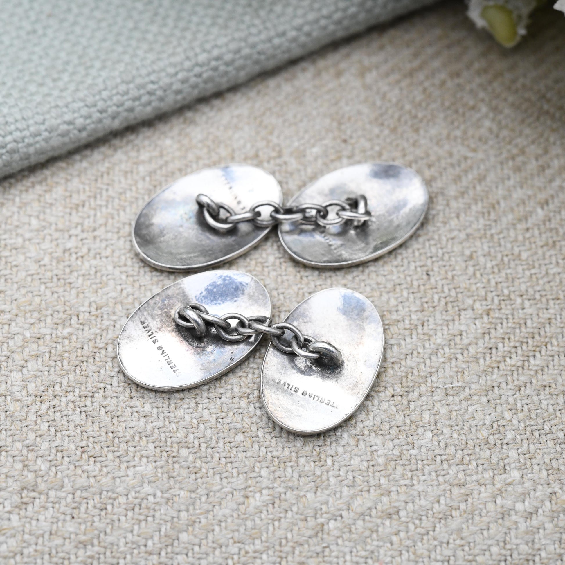 Vintage Sterling Silver Guilloche Enamel Cufflinks Black and Green - c. 1940 1950 Mid-Century Silver Jewellery Gift | Oval Panel Chain Link