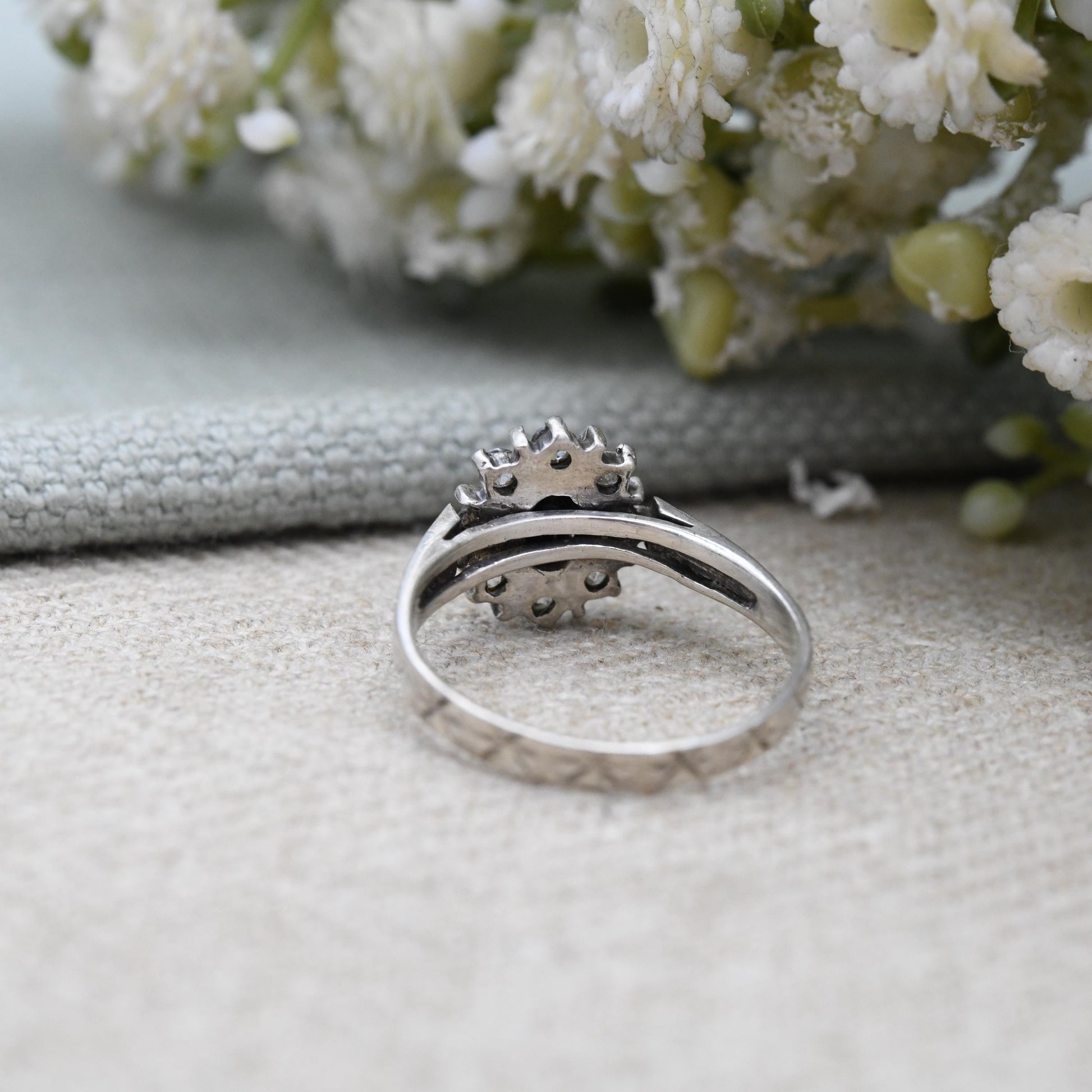 Vintage Sterling Silver Sapphire Halo Ring Star Cut Band - Mid-Century Sparkly Cocktail Ring with Clear Stones | UK Size - N 1/2 US Size - 7