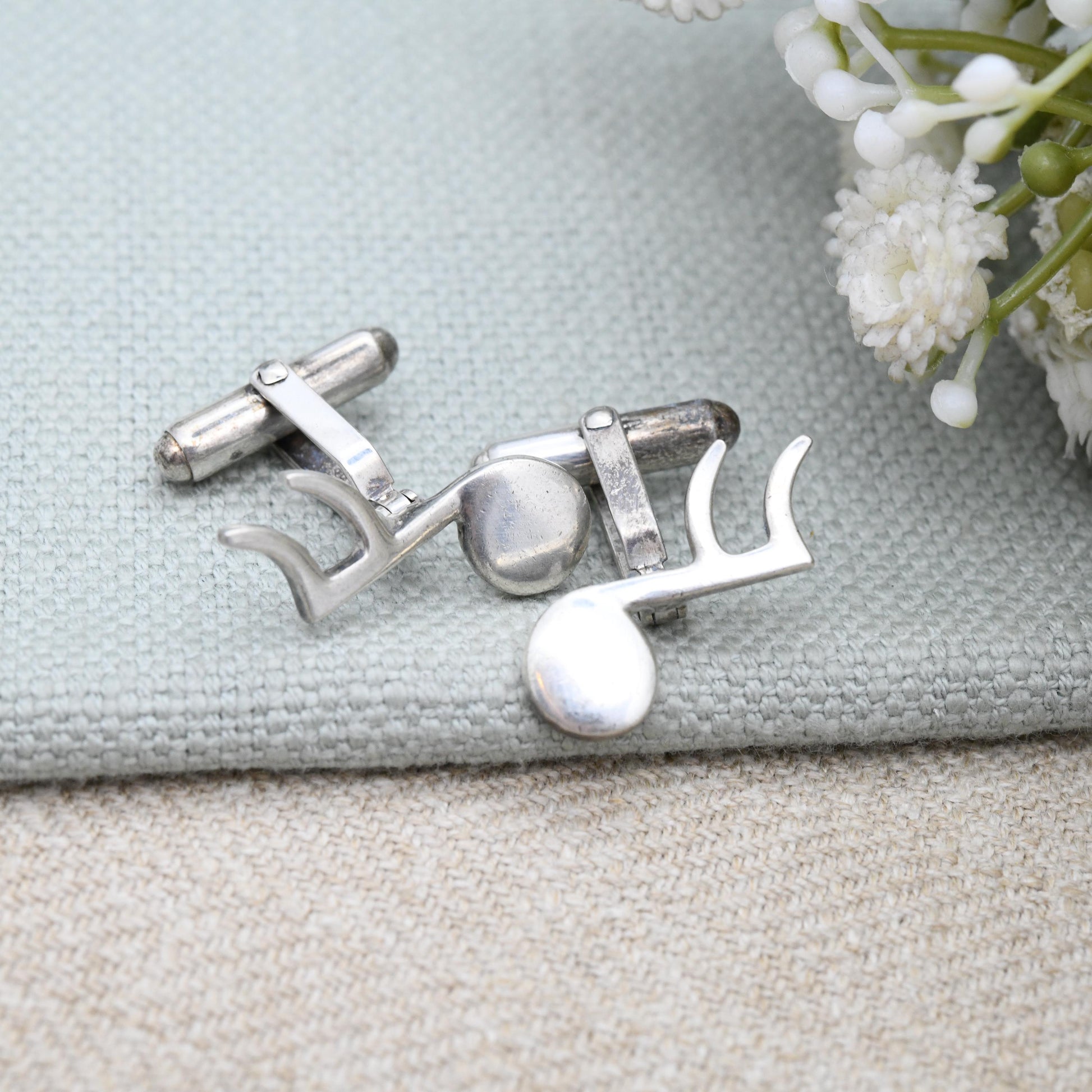 Vintage Sterling Silver Musical Note Cufflinks Semiquaver - Mid-Century Minimal Silver Figural Silver Jewellery Gift for Musician