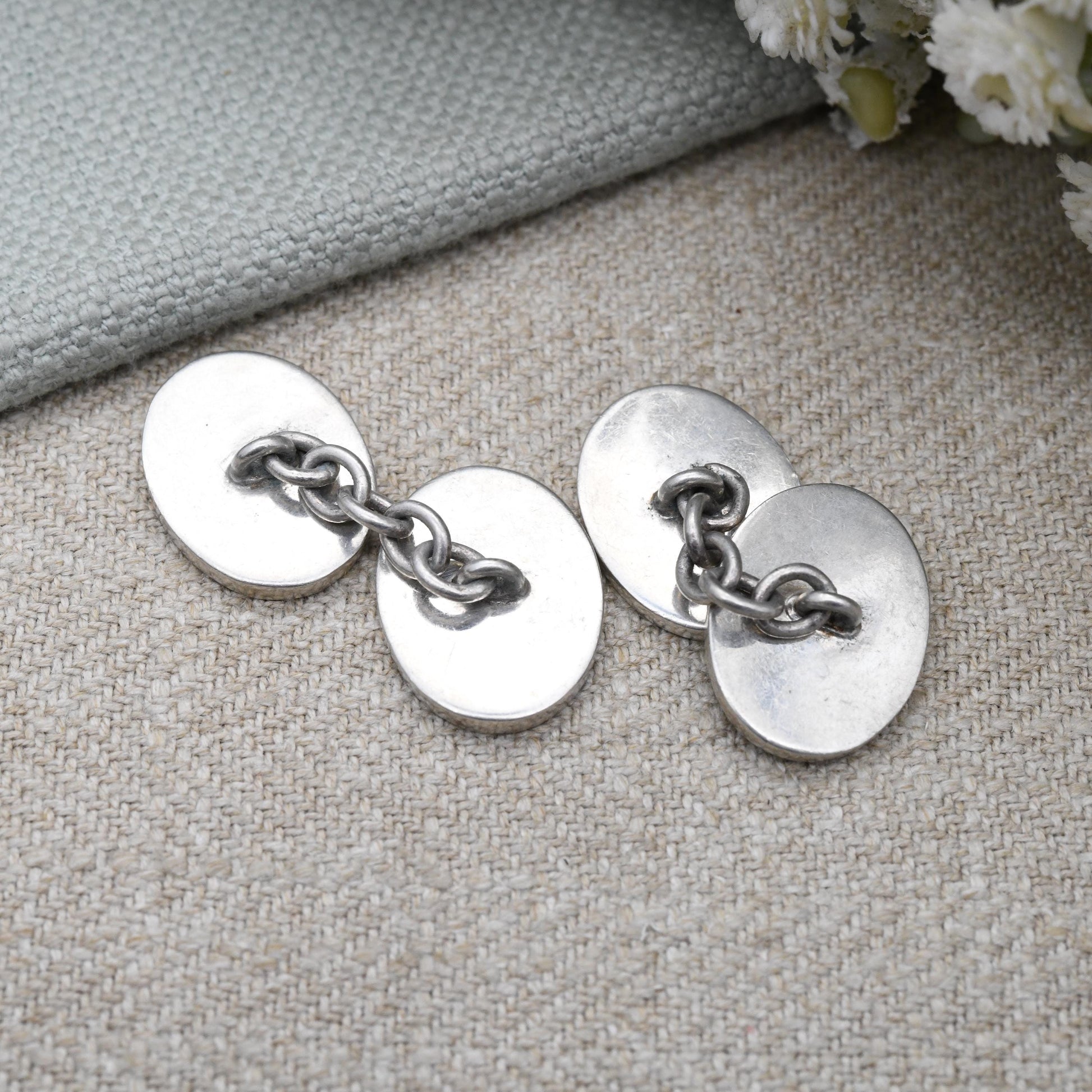 Vintage Sterling Silver Hallmark Cufflinks Year 2000 Millennium - Oval and Chain Quality Minimal Luxury Jewellery Gift for Him | DT Hallmark