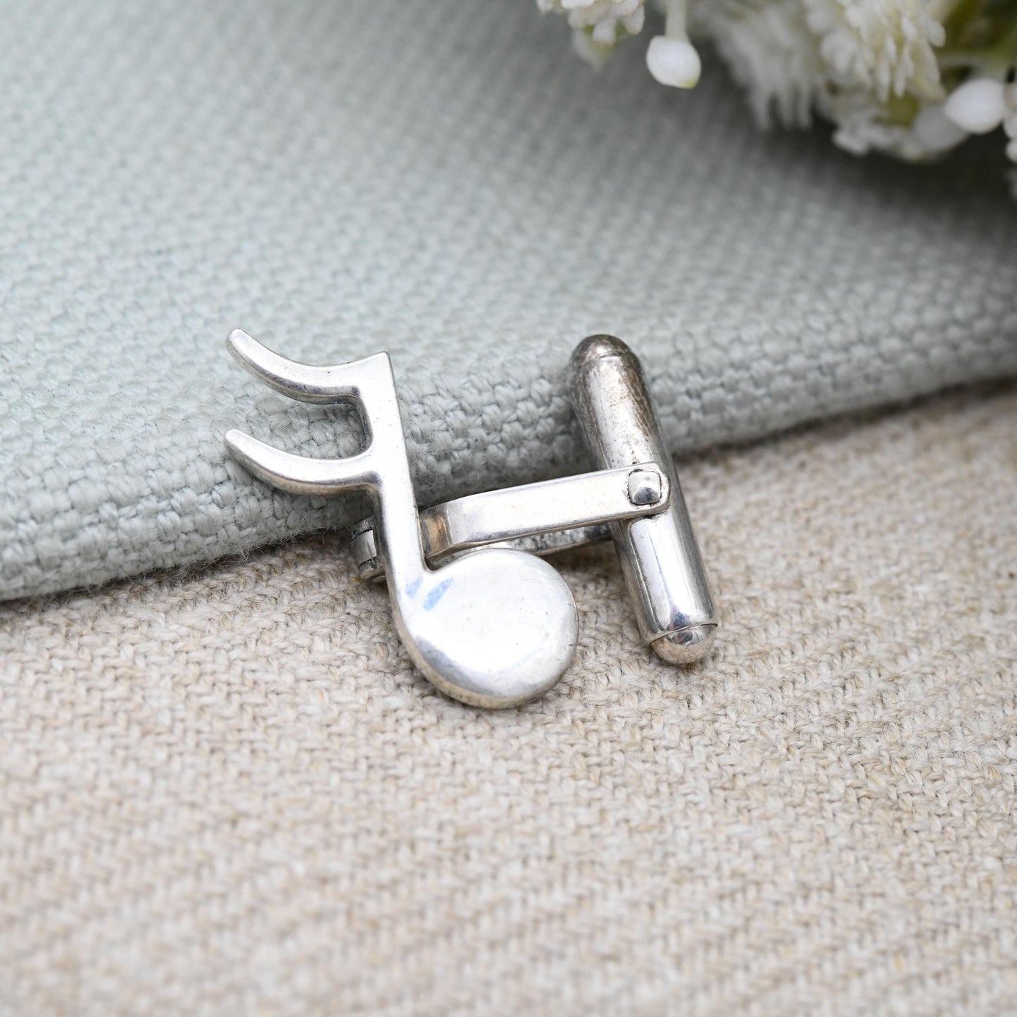 Vintage Sterling Silver Musical Note Cufflinks Semiquaver - Mid-Century Minimal Silver Figural Silver Jewellery Gift for Musician