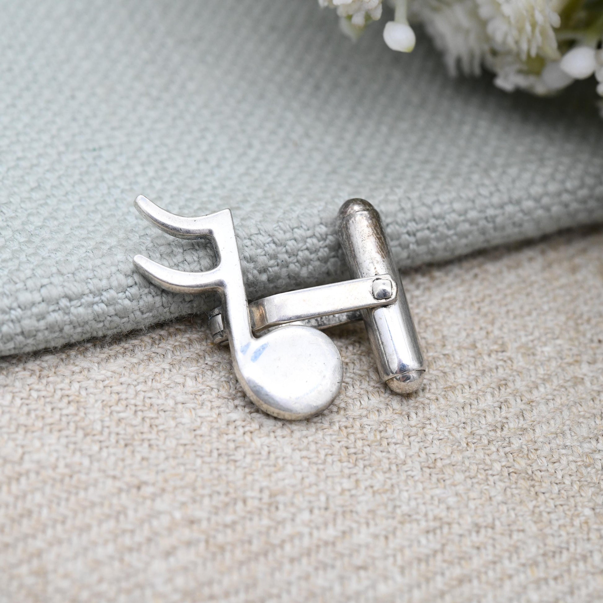 Vintage Sterling Silver Musical Note Cufflinks Semiquaver - Mid-Century Minimal Silver Figural Silver Jewellery Gift for Musician