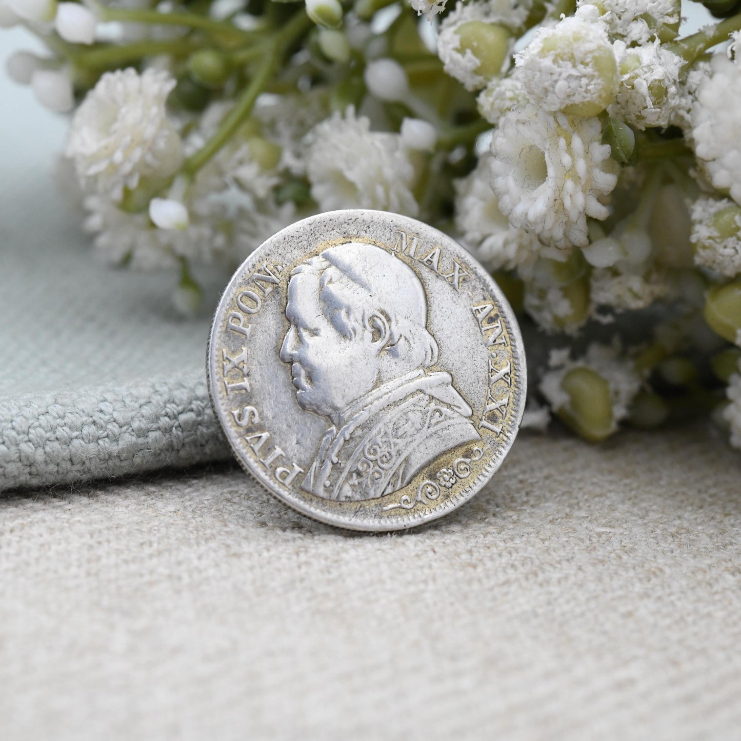Antique Pope Pius IX Silver Coin Button 1872 USA Half Dime - Collectable Silver Coin Jewellery | 1 Lira 1866 Victorian Era | Unusual Antique